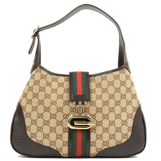 Authentic GUCCI GG Jackie Sherry Web Canvas Handbag Shoulder Bag Charm Ophidia