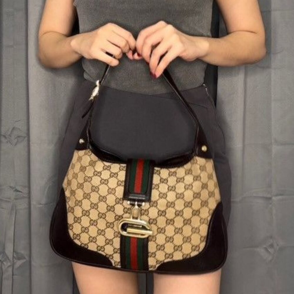 Authentic GUCCI GG Jackie Sherry Web Canvas Handbag Shoulder Bag Charm Ophidia