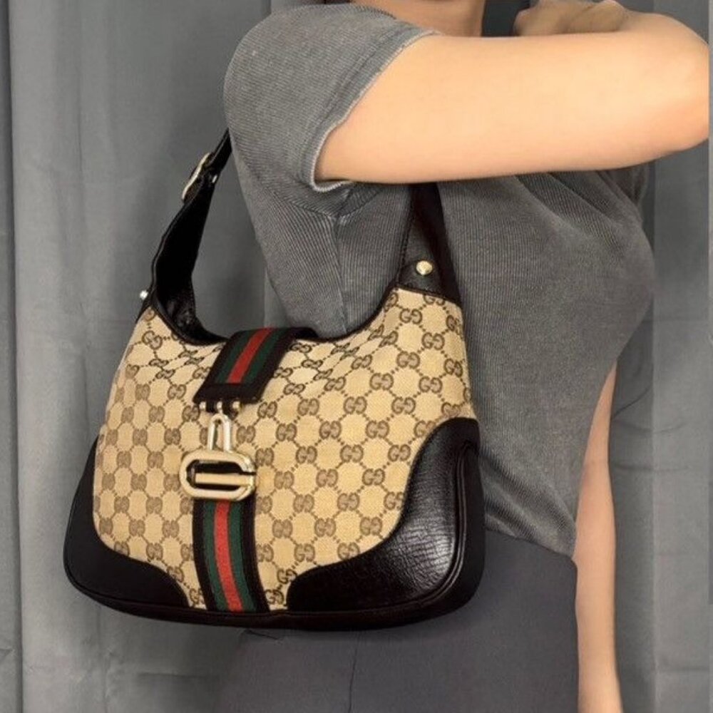 Authentic GUCCI GG Jackie Sherry Web Canvas Handbag Shoulder Bag Charm Ophidia