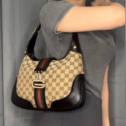 Authentic GUCCI GG Jackie Sherry Web Canvas Handbag Shoulder Bag Charm Ophidia