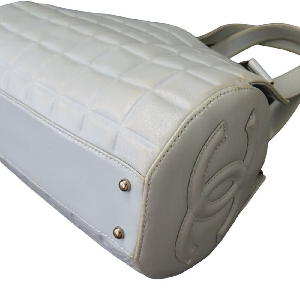 Chanel CC Chocolate Bar Quilted Leather Bowler Shoulder Bag Purse Blue