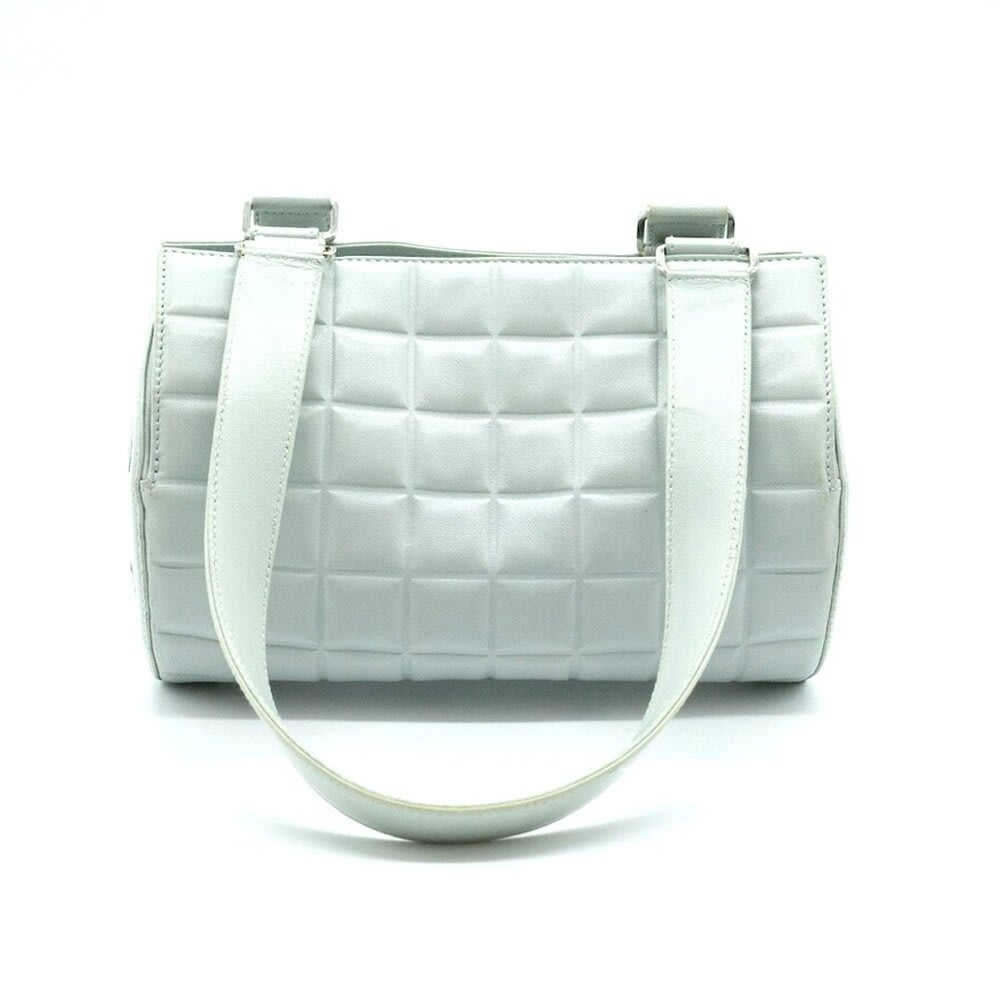 Chanel CC Chocolate Bar Quilted Leather Bowler Shoulder Bag Purse Blue