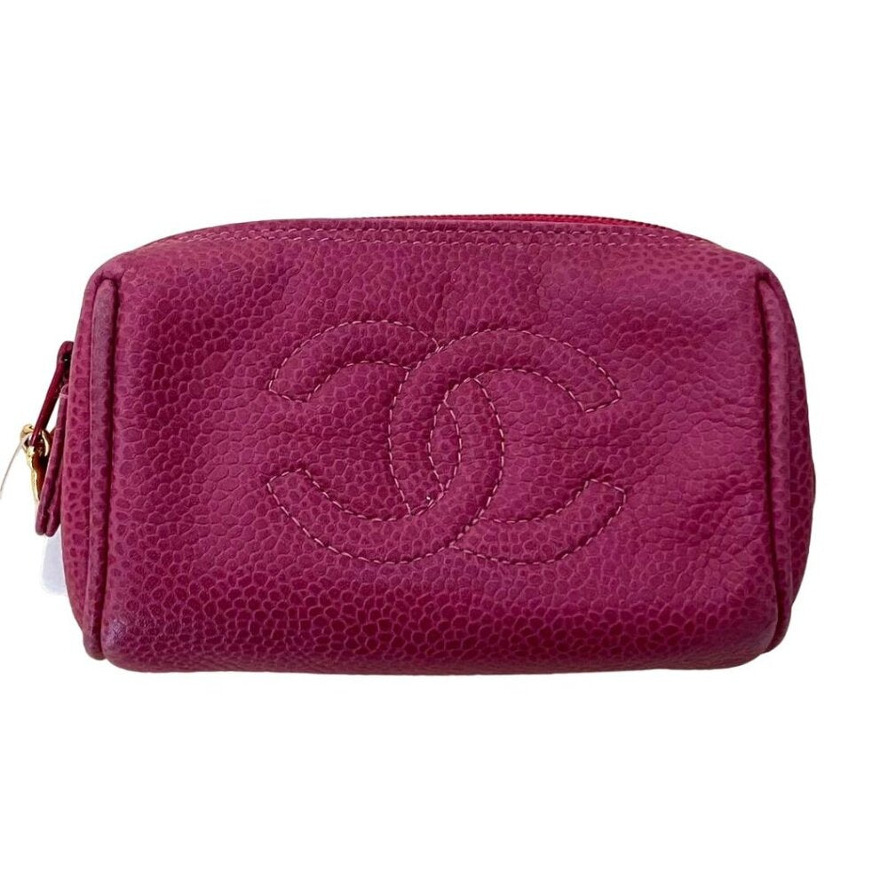 Authentic CHANEL CC Caviar Leather Coin Case Cosmetic Makeup Case Pouch Pink