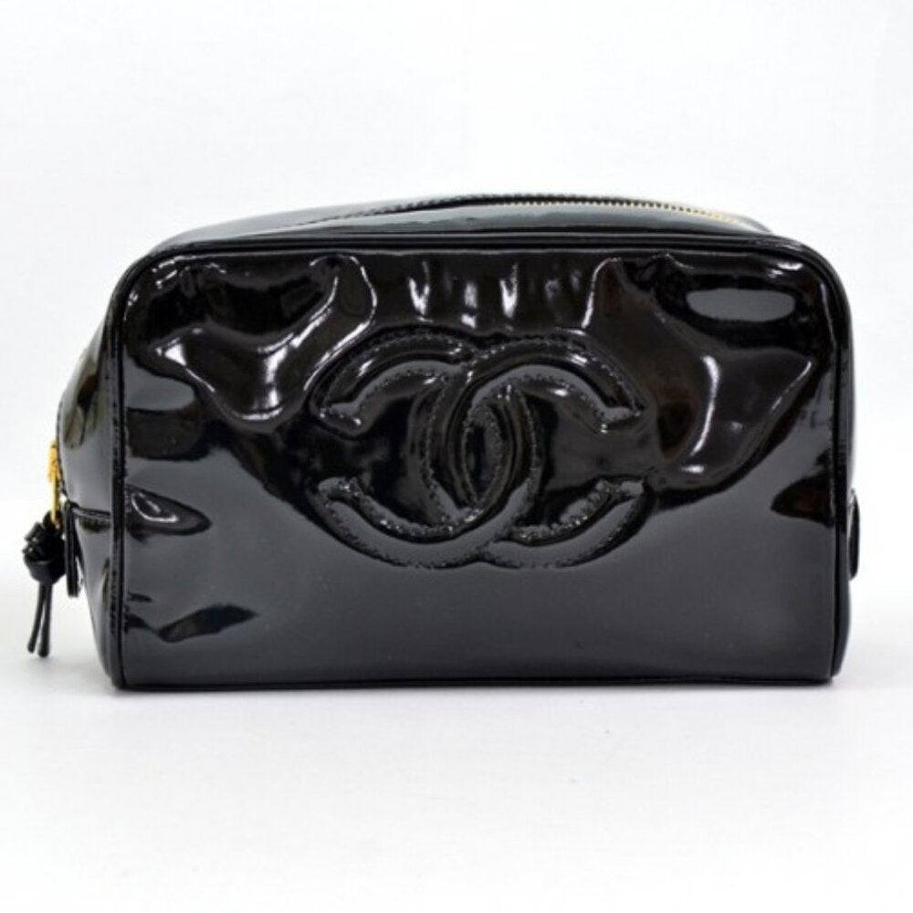 Authentic CHANEL CC Patent Leather Vanity Cosmetic Makeup Case Pouch Black Bag