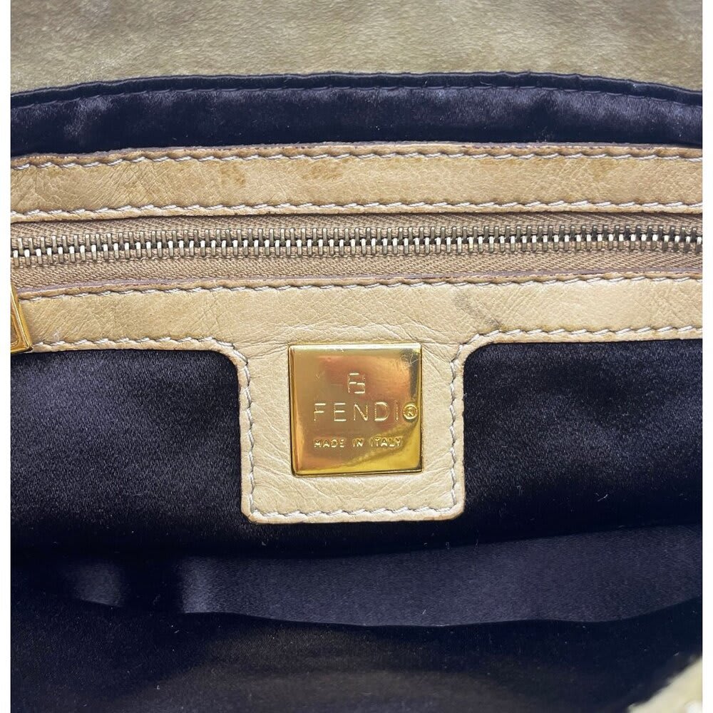 Fendi Mamma Zucca Baguette Pouch Tan Beige Flap Bag Purse Shoulder