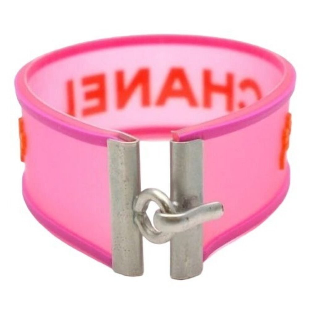 Authentic CHANEL CC Logo 01P Rubber Bracelet Pink Orange Jelly Bangle Cambon