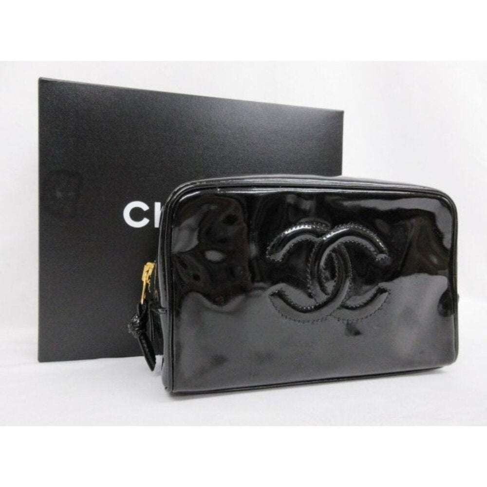 Authentic CHANEL CC Patent Leather Vanity Cosmetic Makeup Case Pouch Black Bag
