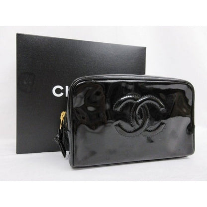 Authentic CHANEL CC Patent Leather Vanity Cosmetic Makeup Case Pouch Black Bag
