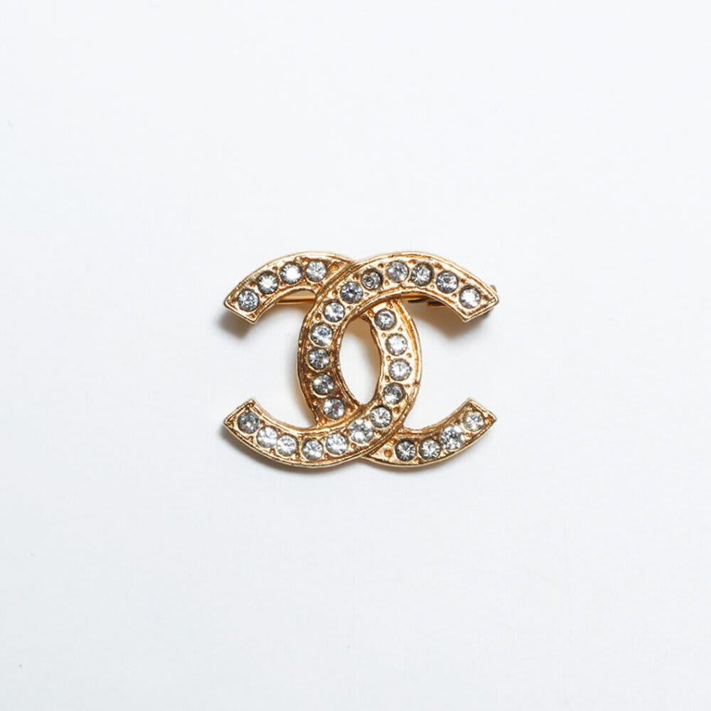 Chanel Brooch CC Vintage Gold Pin Rhinestone Crystal
