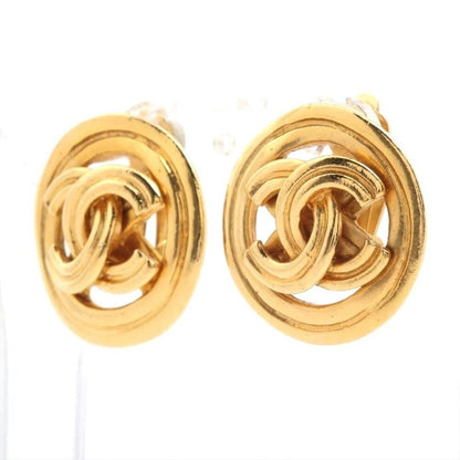 CHANEL 24K Earrings Vintage CC Gold Plated Clip-On Round Medallion Logo 1996 96P