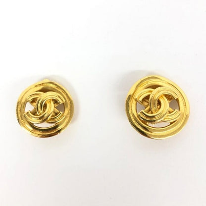 CHANEL 24K Earrings Vintage CC Gold Plated Clip-On Round Medallion Logo 1996 96P