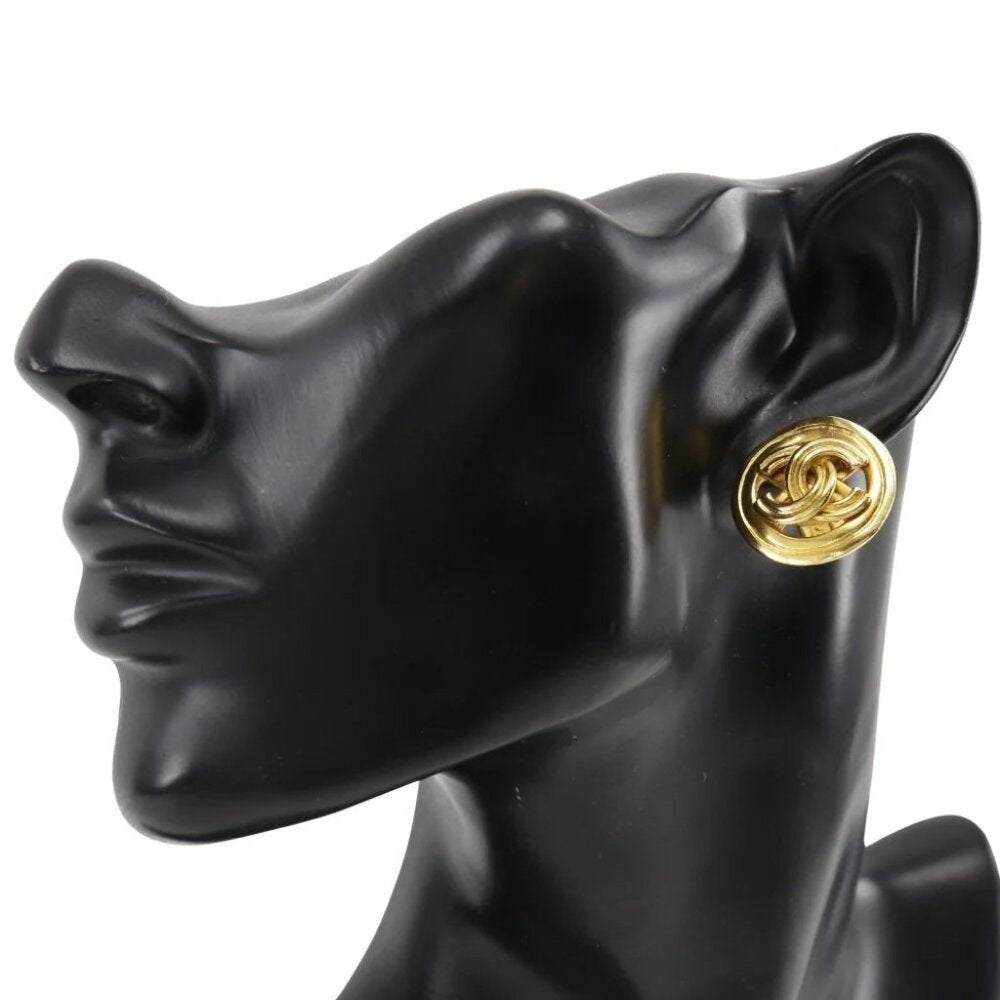 CHANEL 24K Earrings Vintage CC Gold Plated Clip-On Round Medallion Logo 1996 96P