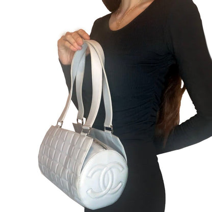 Chanel CC Chocolate Bar Quilted Leather Bowler Shoulder Bag Purse Blue