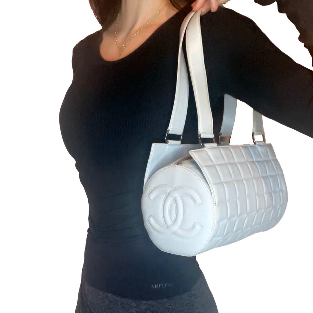 Chanel CC Chocolate Bar Quilted Leather Bowler Shoulder Bag Purse Blue