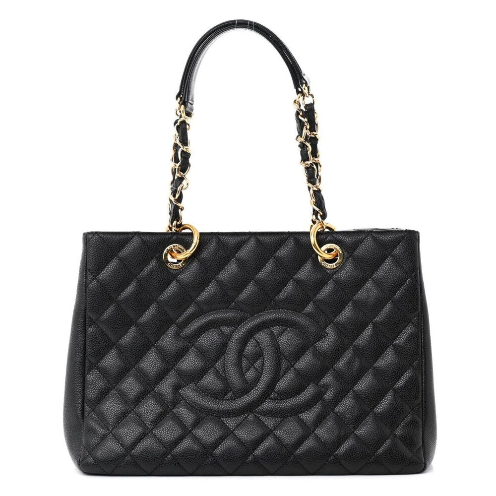 Authentic Chanel Gst Caviar Grand Shopping Tote Quilted Shoulder Bag Black Chain