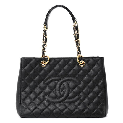 Authentic Chanel Gst Caviar Grand Shopping Tote Quilted Shoulder Bag Black Chain