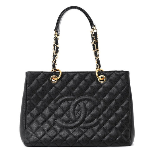 Authentic Chanel Gst Caviar Grand Shopping Tote Quilted Shoulder Bag Black Chain