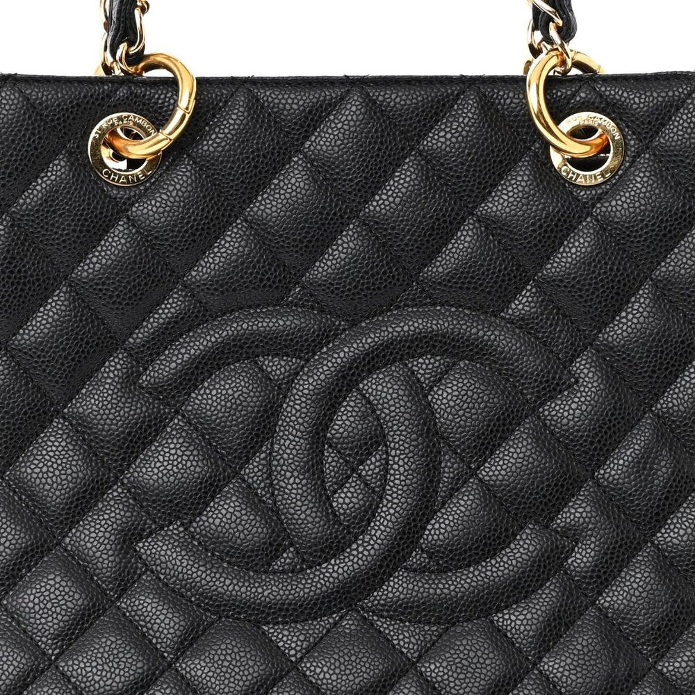 Authentic Chanel Gst Caviar Grand Shopping Tote Quilted Shoulder Bag Black Chain