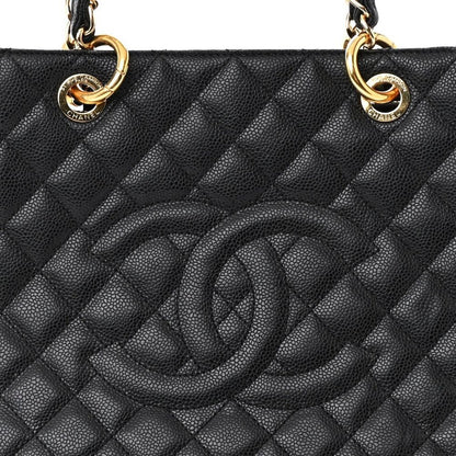 Authentic Chanel Gst Caviar Grand Shopping Tote Quilted Shoulder Bag Black Chain