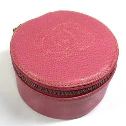 Chanel CC Caviar Round Pouch Jewelry Travel Case Coin Purse Pink