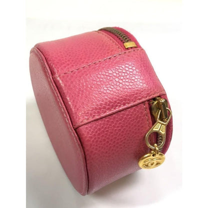 Chanel CC Caviar Round Pouch Jewelry Travel Case Coin Purse Pink