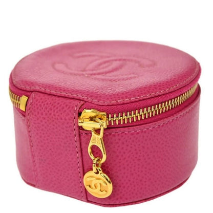 Chanel CC Caviar Round Pouch Jewelry Travel Case Coin Purse Pink