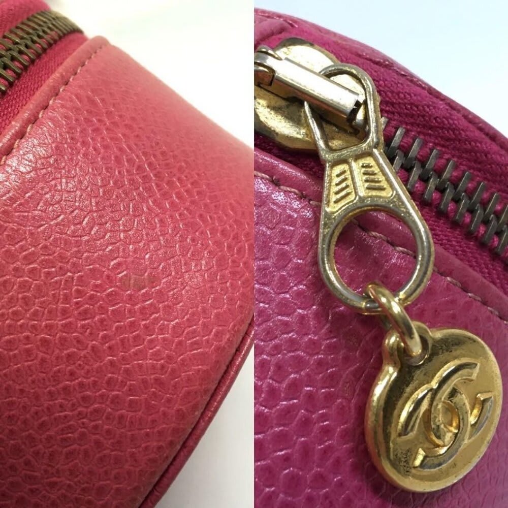 Chanel CC Caviar Round Pouch Jewelry Travel Case Coin Purse Pink