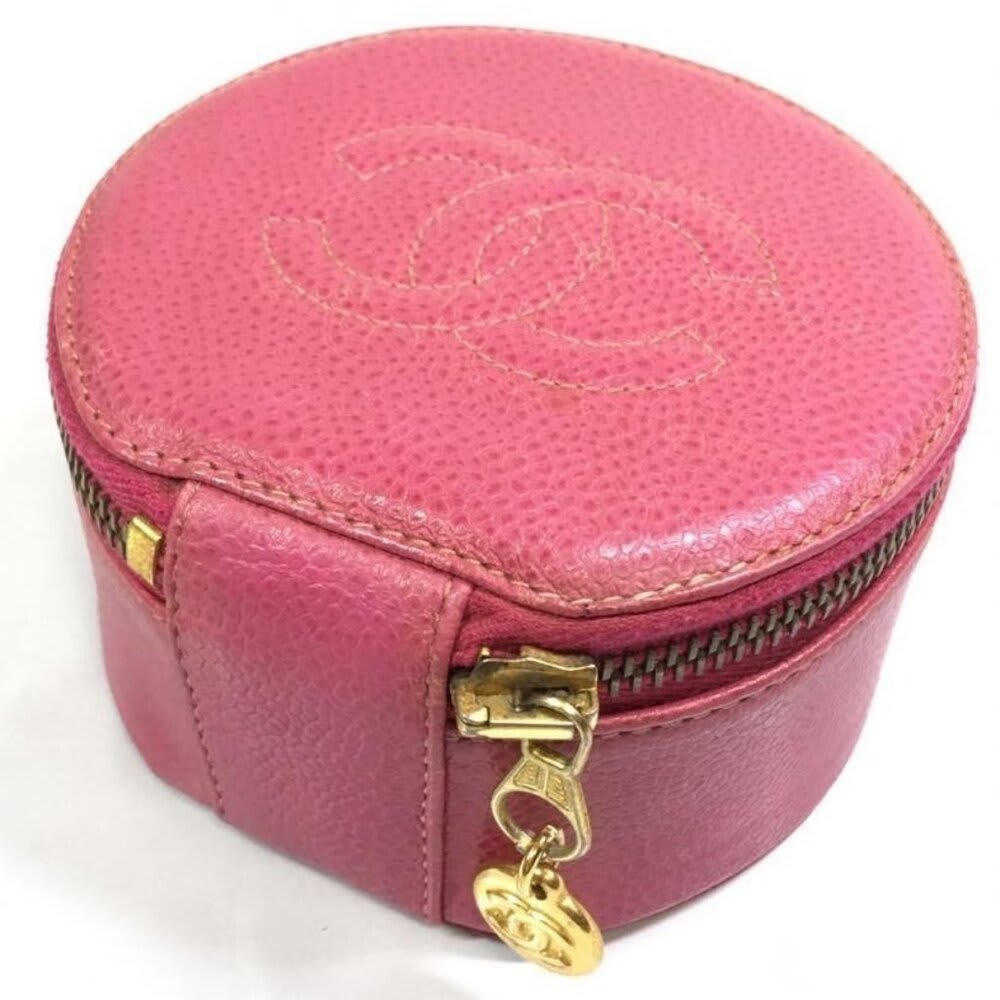 Chanel CC Caviar Round Pouch Jewelry Travel Case Coin Purse Pink