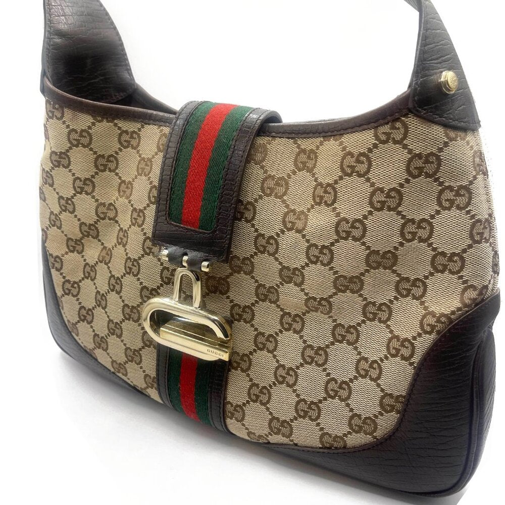 Authentic GUCCI GG Jackie Sherry Web Canvas Handbag Shoulder Bag Charm Ophidia