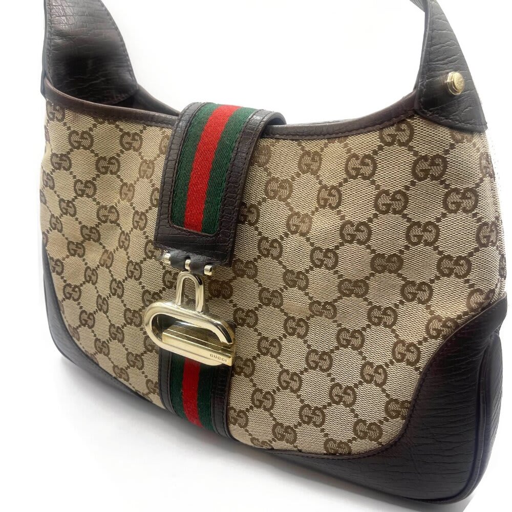 Gucci GG Jackie Sherry Web Canvas Handbag Shoulder Bag Charm Ophidia