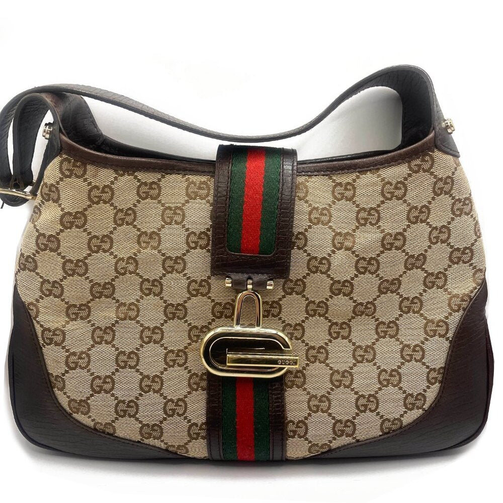 Authentic GUCCI GG Jackie Sherry Web Canvas Handbag Shoulder Bag Charm Ophidia