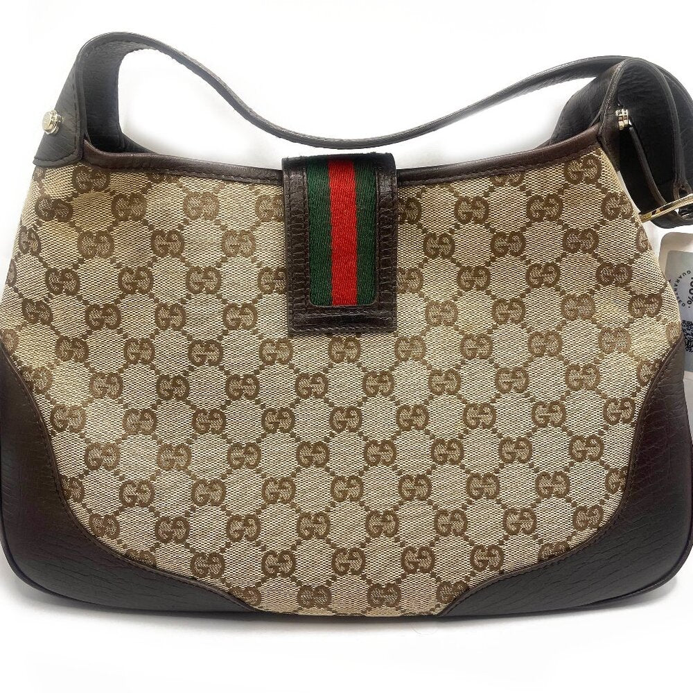 Authentic GUCCI GG Jackie Sherry Web Canvas Handbag Shoulder Bag Charm Ophidia