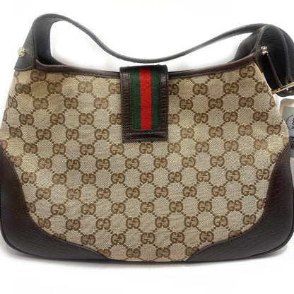 Authentic GUCCI GG Jackie Sherry Web Canvas Handbag Shoulder Bag Charm Ophidia