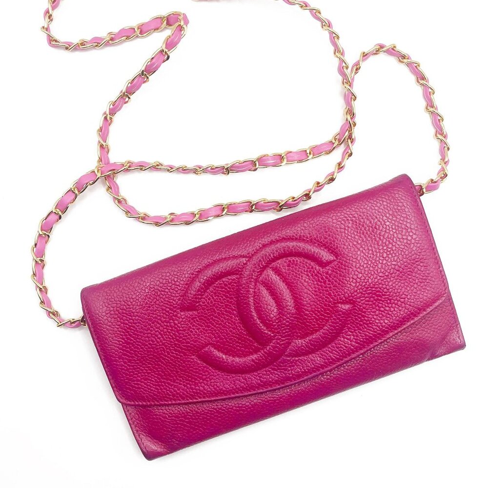 Authentic CHANEL Caviar Classic Leather Wallet Chain Flap Pink Purse Crossbody