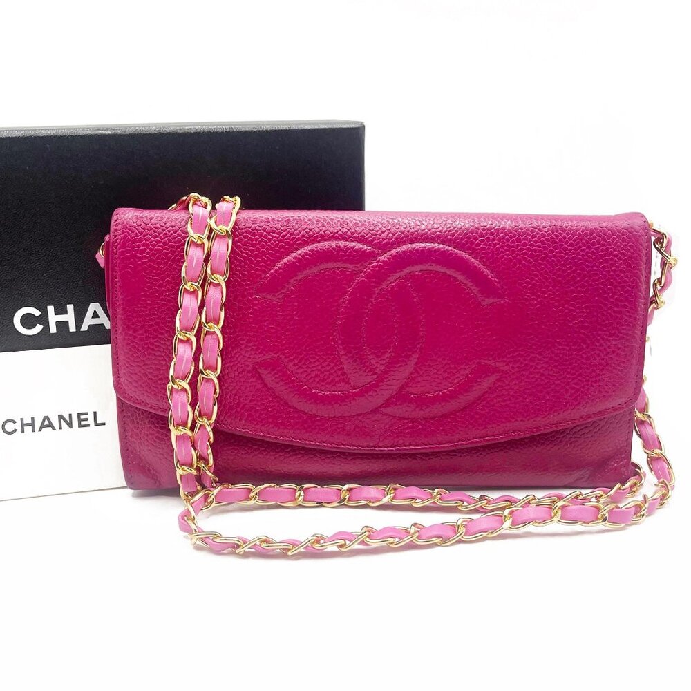 Authentic CHANEL Caviar Classic Leather Wallet Chain Flap Pink Purse Crossbody