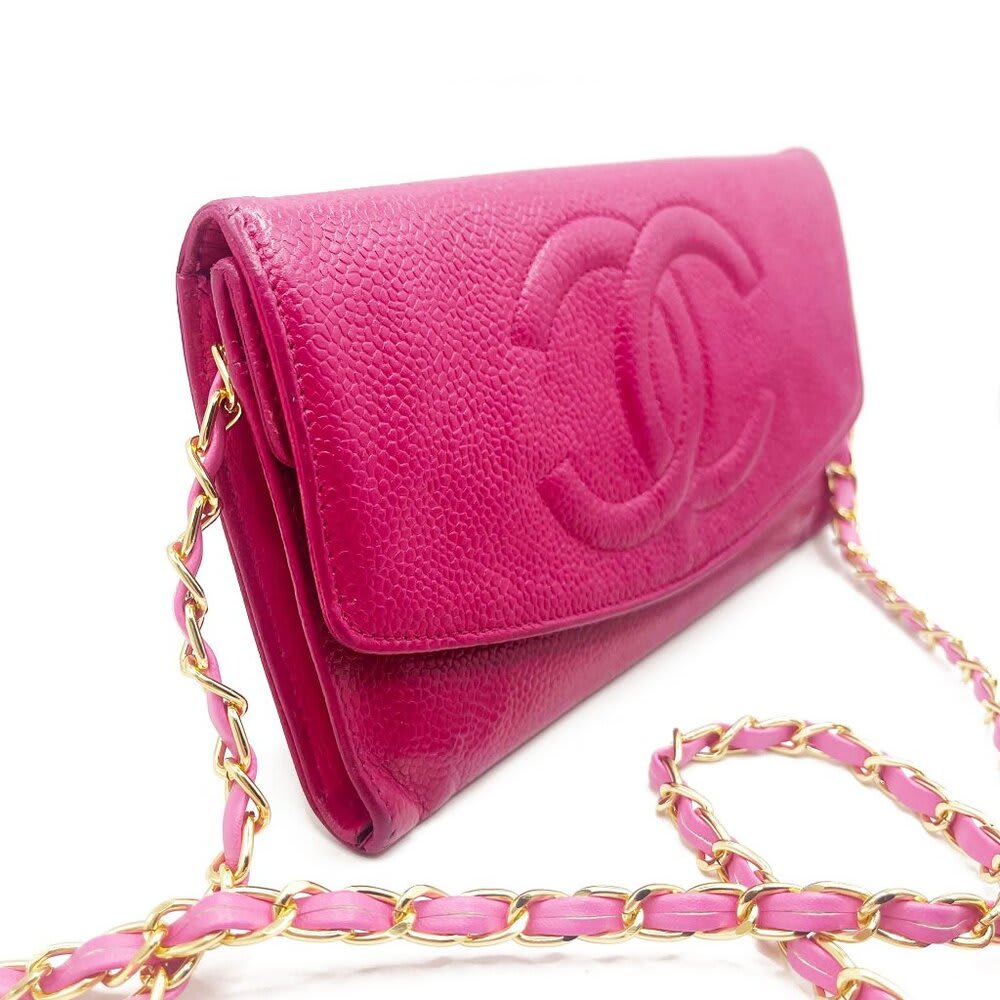 Chanel Caviar Classic Leather Wallet Chain Flap Pink Purse Crossbody