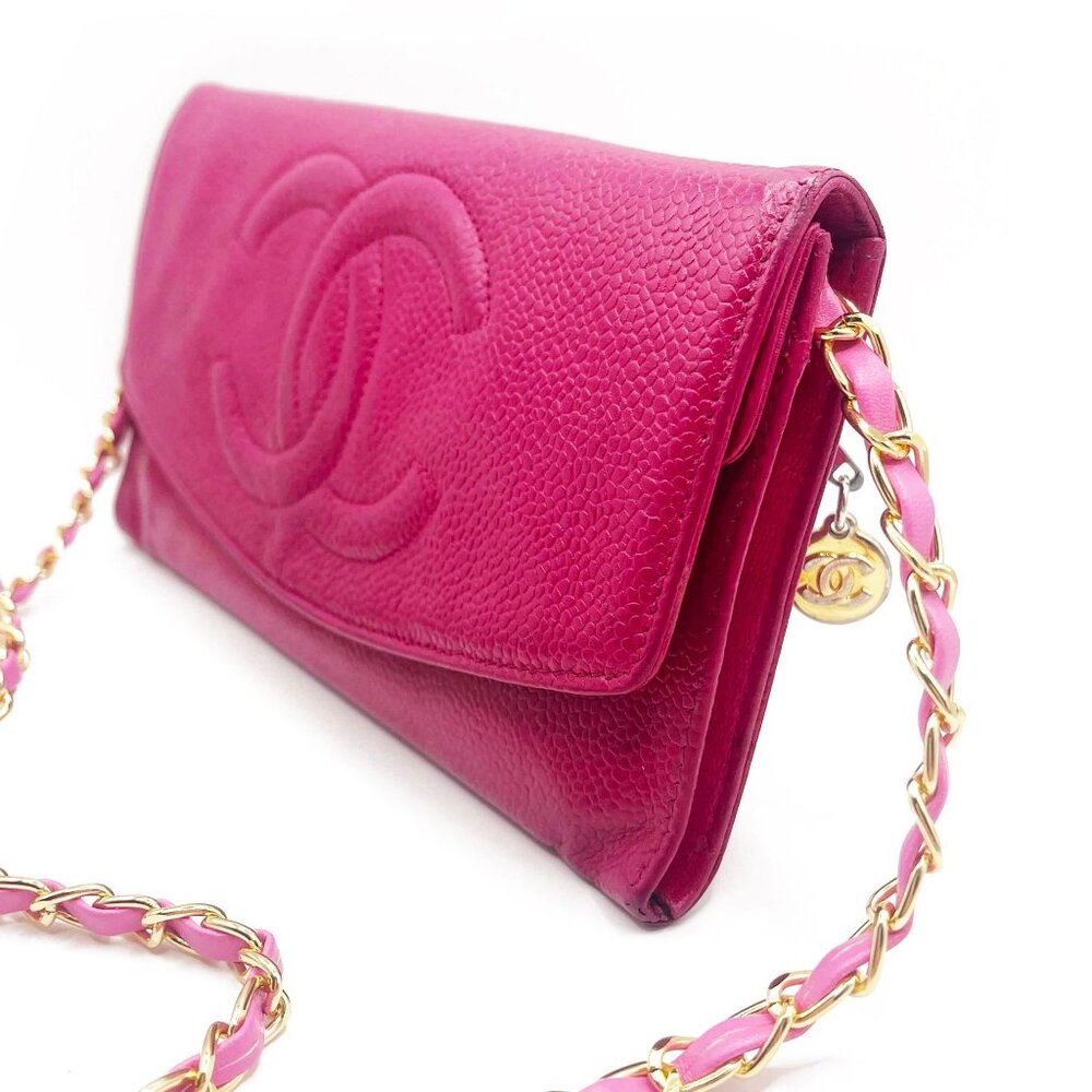 Authentic CHANEL Caviar Classic Leather Wallet Chain Flap Pink Purse Crossbody
