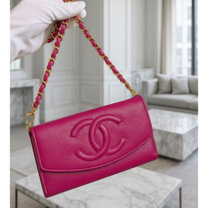 Authentic CHANEL Caviar Classic Leather Wallet Chain Flap Pink Purse Crossbody