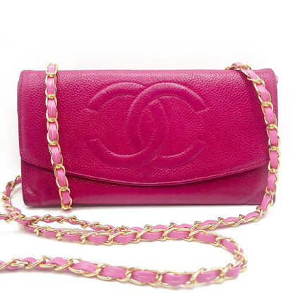 Authentic CHANEL Caviar Classic Leather Wallet Chain Flap Pink Purse Crossbody
