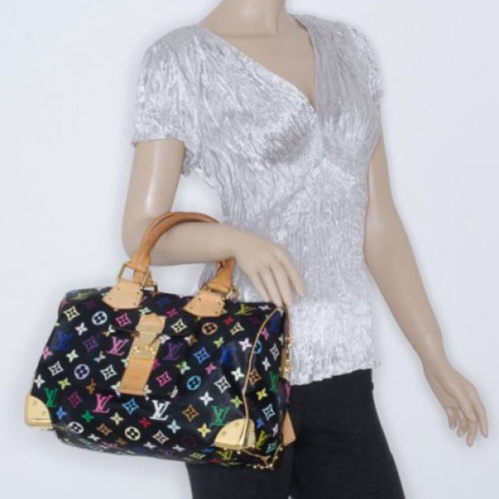 Authentic Louis Vuitton Speedy 30 Monogram Multicolor Sac Bag Black Tote Handbag