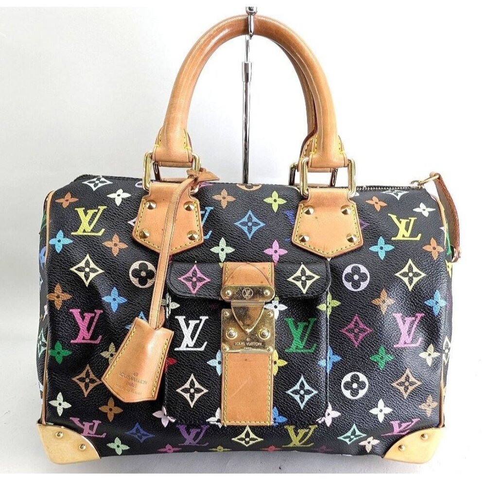 Authentic Louis Vuitton Speedy 30 Monogram Multicolor Sac Bag Black Tote Handbag