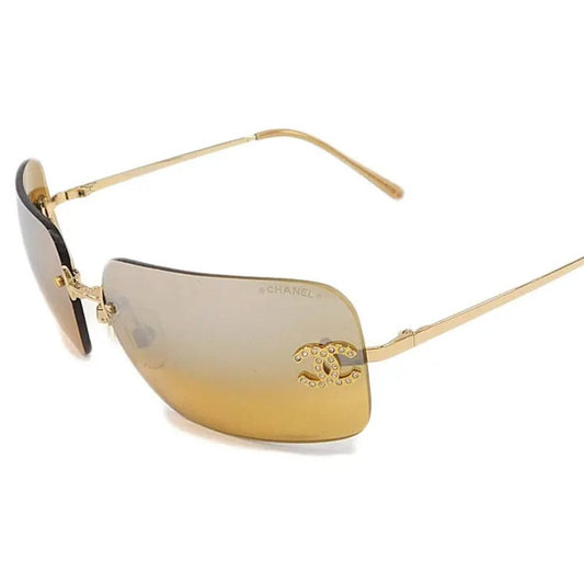 Chanel Vintage Sunglasses Rhinestone CC Logo Rimless Gradient Gold Tint