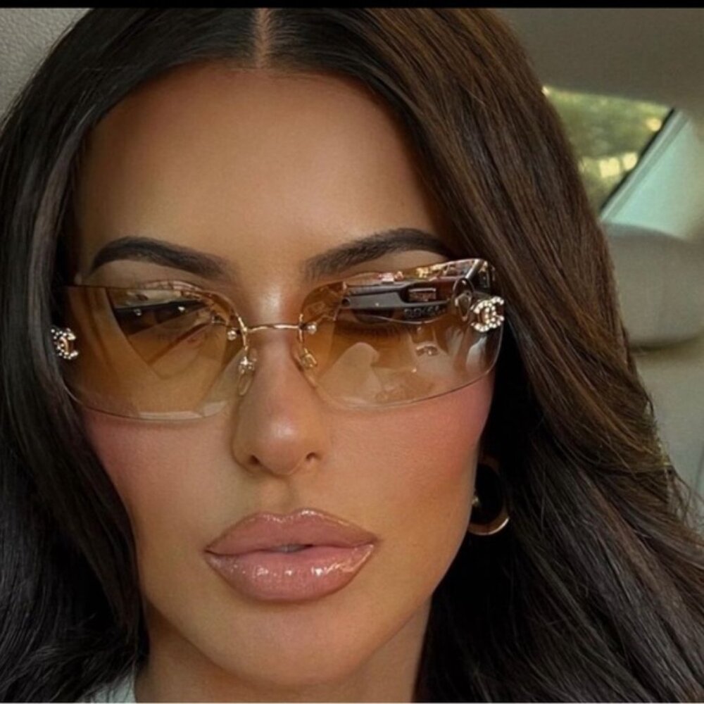 Chanel Vintage Sunglasses Rhinestone CC Logo Rimless Gradient Gold Tint