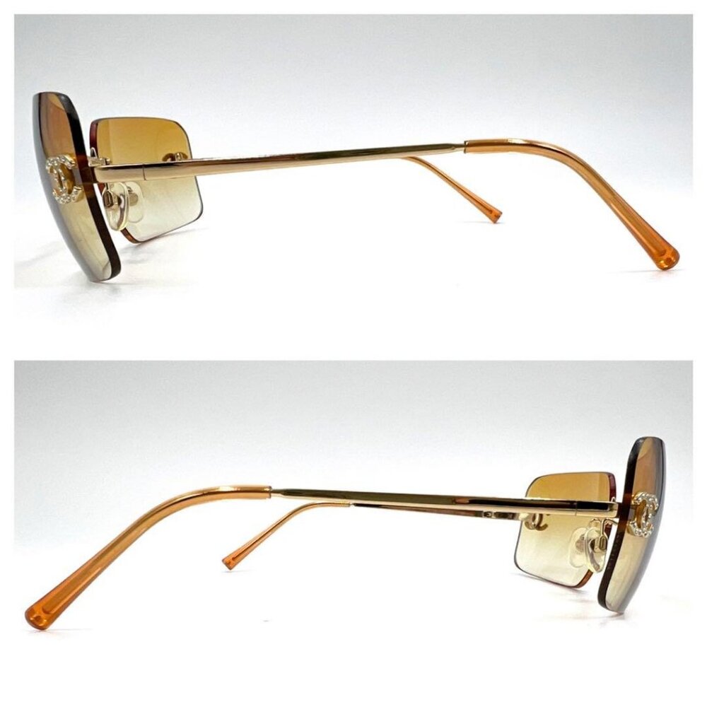 Chanel Vintage Sunglasses Rhinestone CC Logo Rimless Gradient Gold Tint