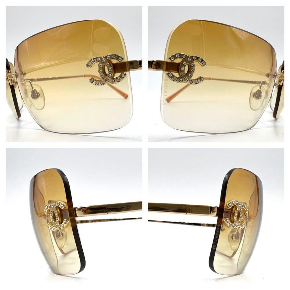Chanel Vintage Sunglasses Rhinestone CC Logo Rimless Gradient Gold Tint