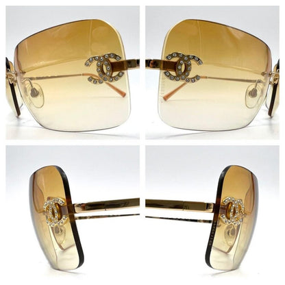 Chanel Vintage Sunglasses Rhinestone CC Logo Rimless Gradient Gold Tint