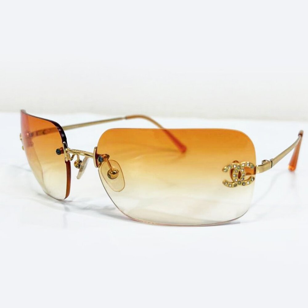 Chanel Vintage Sunglasses Rhinestone CC Logo Rimless Gradient Gold Orange