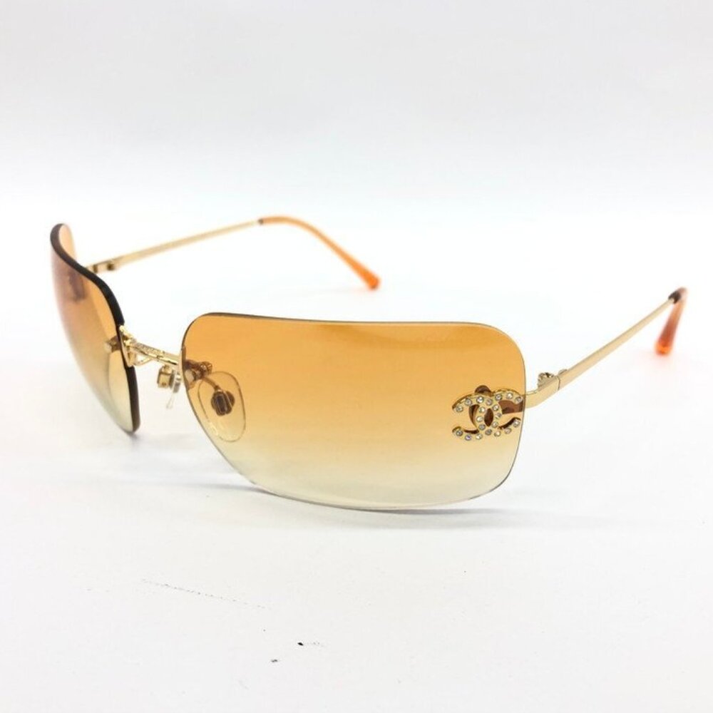 Chanel Vintage Sunglasses Rhinestone CC Logo Rimless Gradient Gold Orange