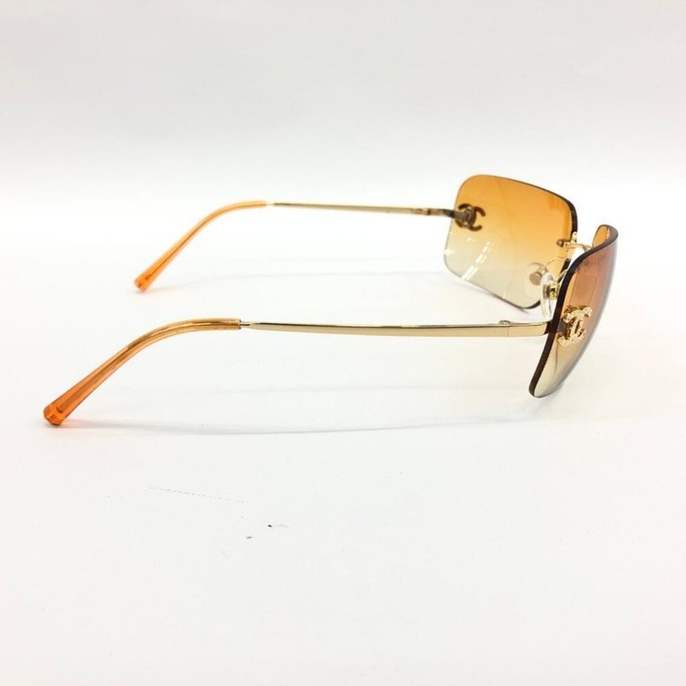 Chanel Vintage Sunglasses Rhinestone CC Logo Rimless Gradient Gold Orange