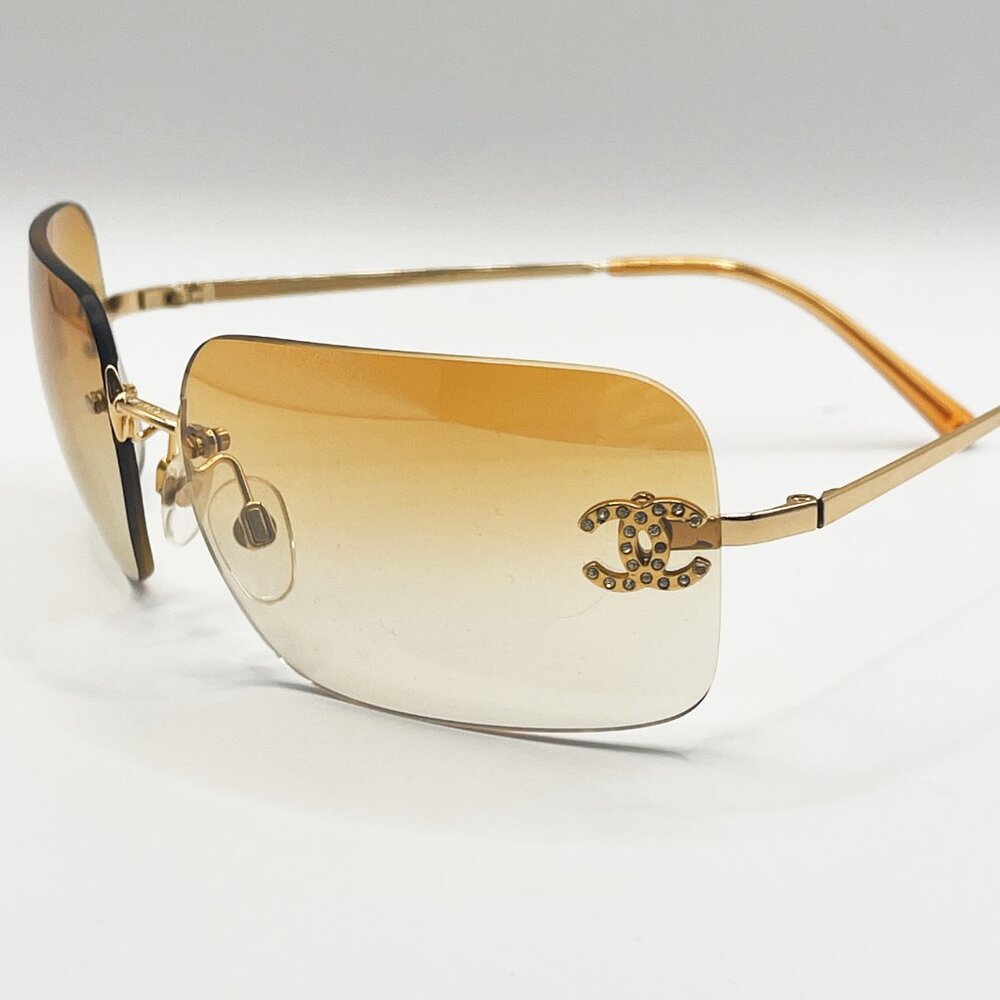 Chanel Vintage Sunglasses Rhinestone CC Logo Rimless Gradient Gold Orange